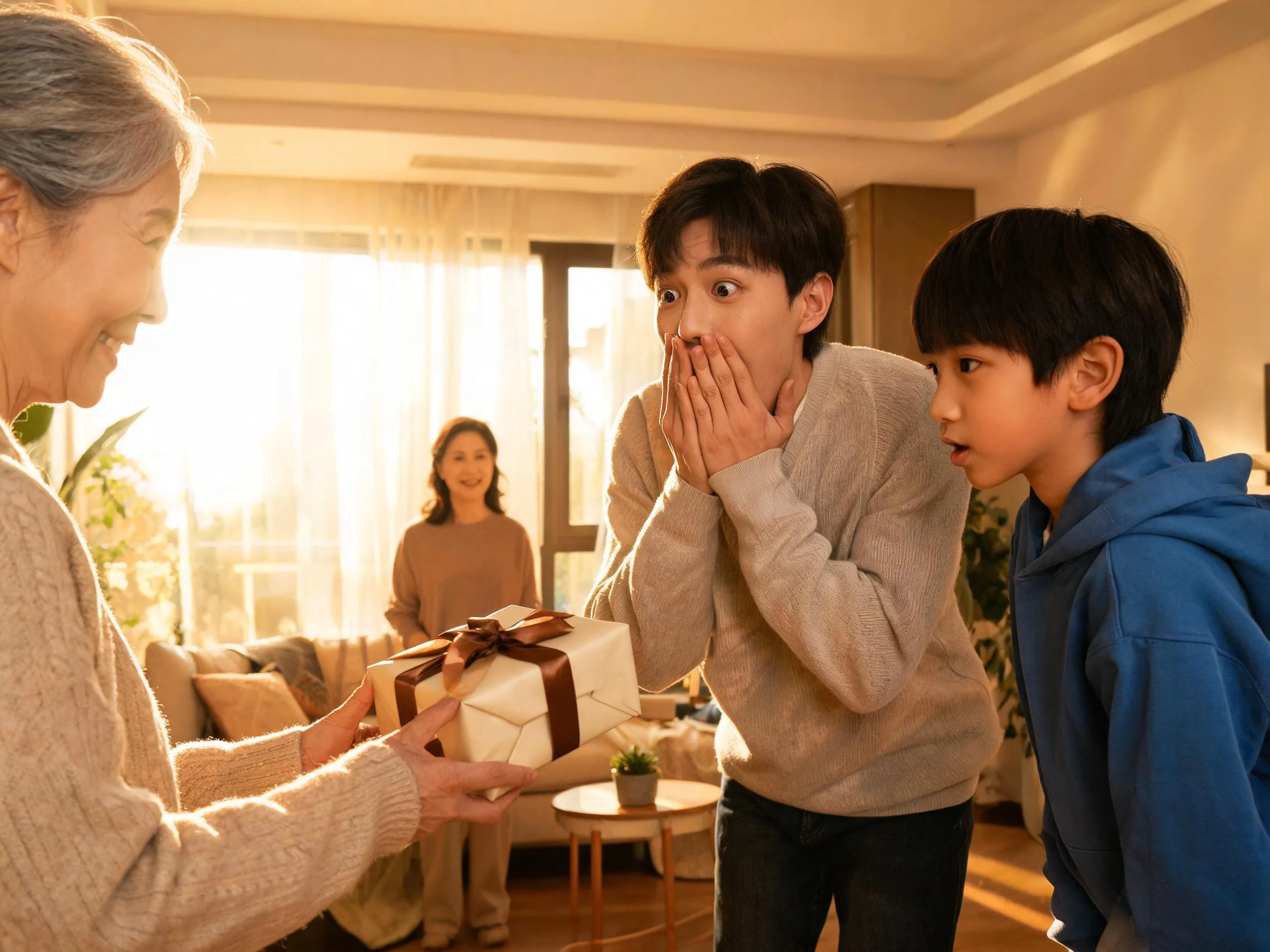 Family member reacting with joyful surprise while receiving an unexpected gift indoors.