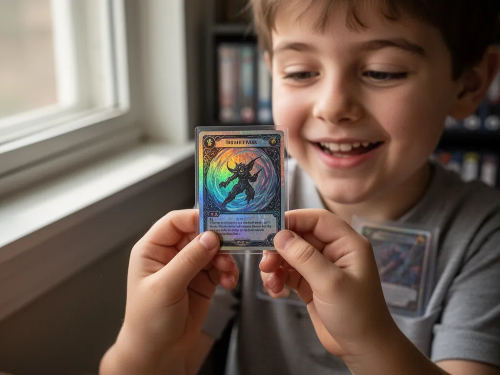 Child's hands carefully holding a holographic card showing wonder and excitement over rare discovery.