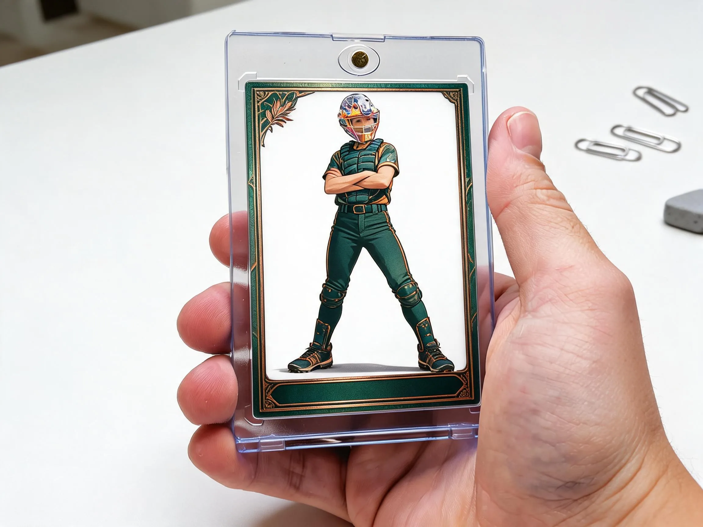 Custom keepsake trading card in magnetic case displayed on white tabletop.