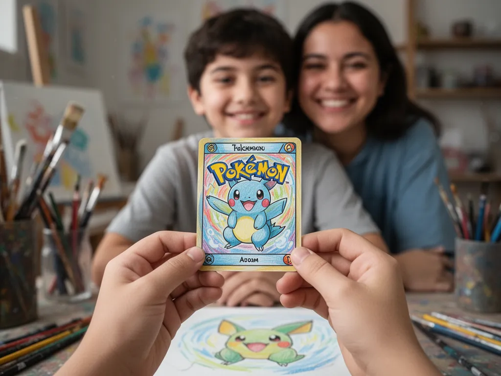 [Young artist proudly displaying their hand-drawn custom Pokémon card creation with parent watching]