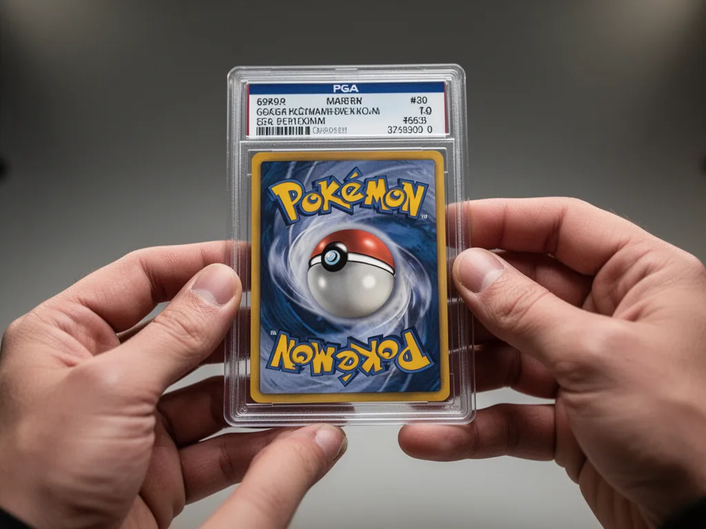 [Card grader's hands carefully inspecting holographic Pokemon card under examination light]