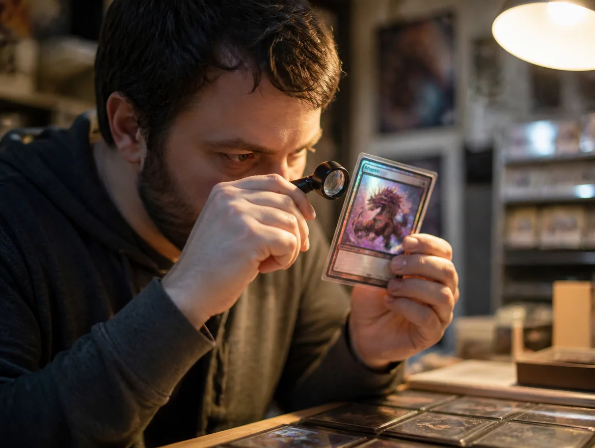 Collector examining a holographic creature card with a magnifier for Pokemon grading