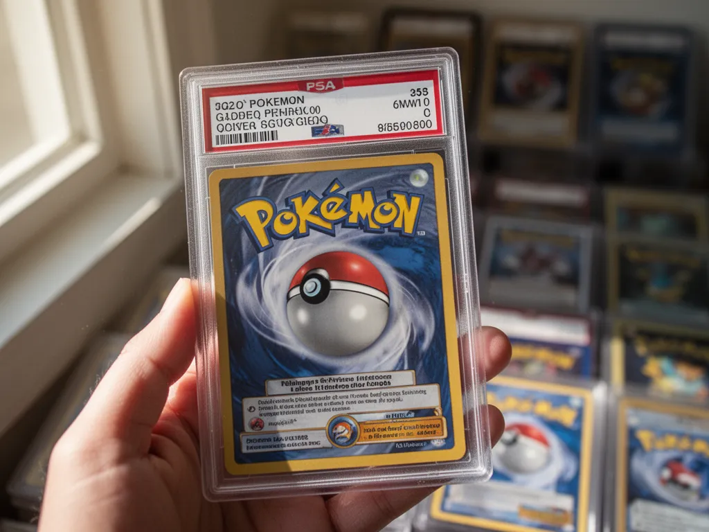 Graded Pokemon card in protective case held to light displaying official grade label and pristine condition