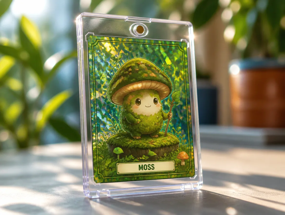 Custom creature trading card standing in a premium magnetic case