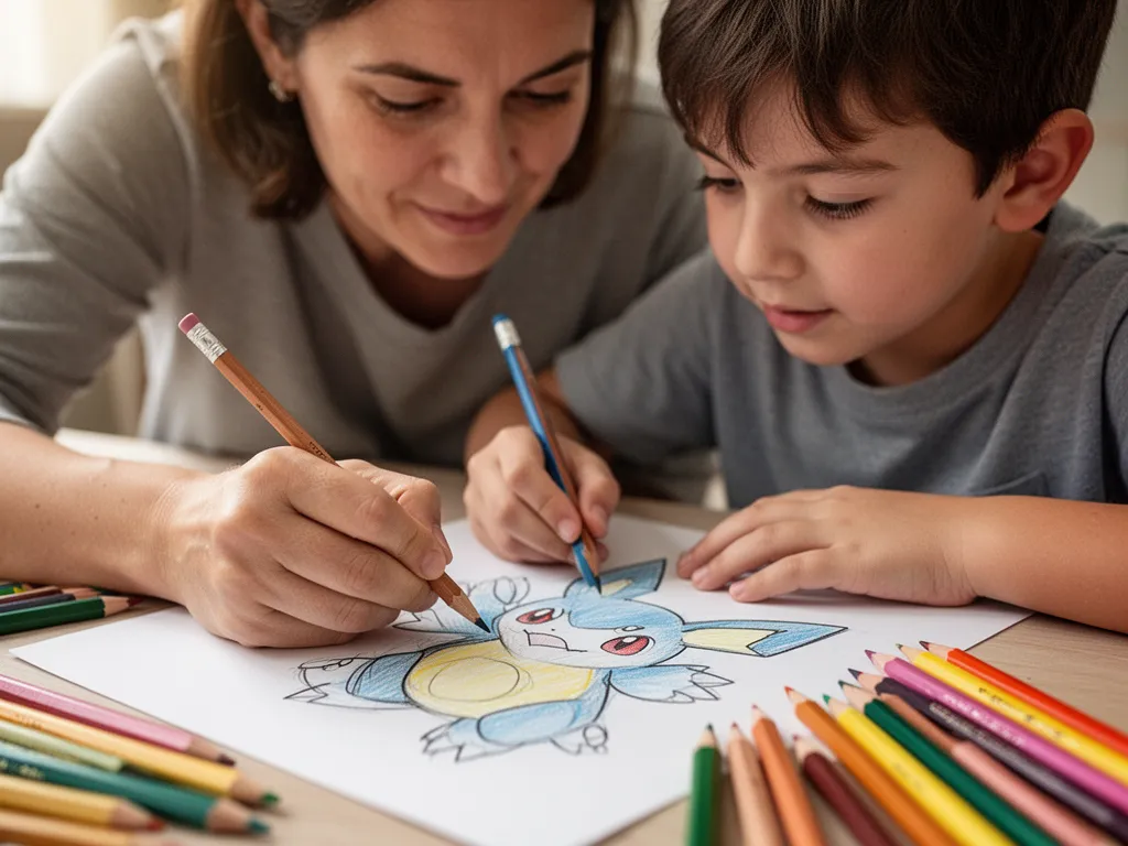 [Parent and child bonding while designing a custom Pokemon character with colorful art materials]