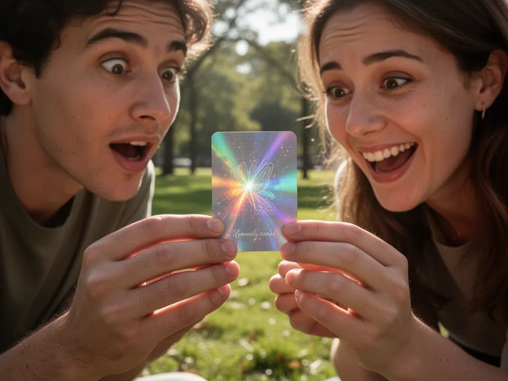 [Child's hands displaying a shimmering card while friend admires it together]