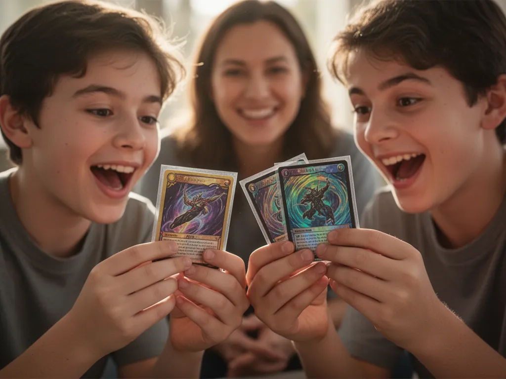 [Young collector's hands holding holographic Pokemon card with proud parent watching in background]