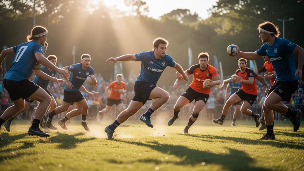 Athletes in motion competing outdoors with natural lighting and dynamic energy during intense gameplay