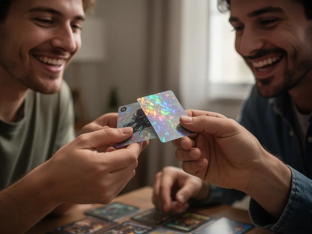 [Two young collectors smiling while carefully exchanging rare holographic trading cards together]