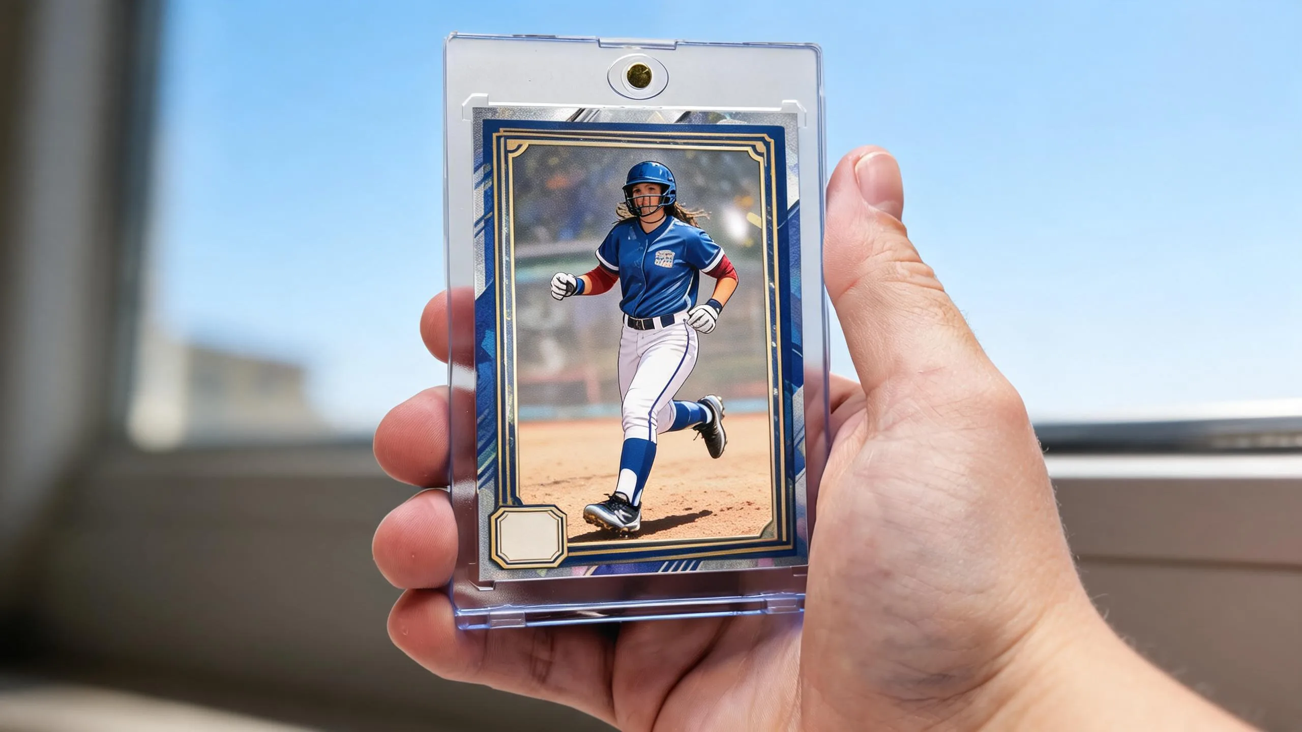 Hand holding a pokemon trading card maker holographic card in a magnetic acrylic case outdoors.