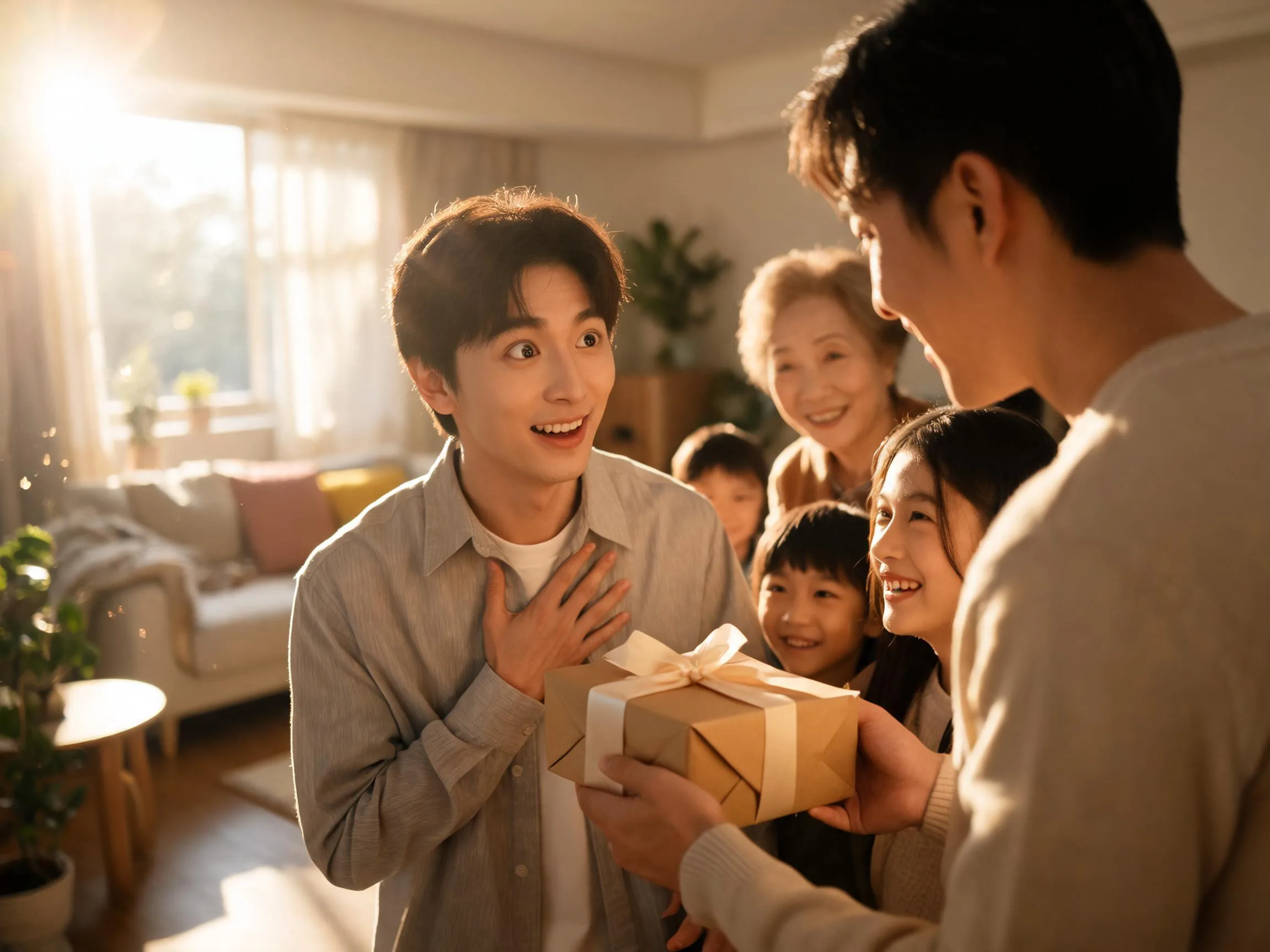 Person reacting with genuine surprise and joy while being handed an unexpected gift indoors.