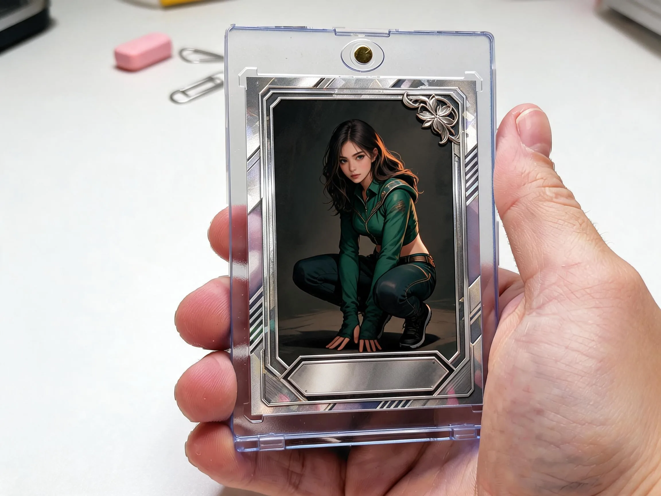 Close-up of a custom keepsake trading card in a magnetic case on a tabletop.