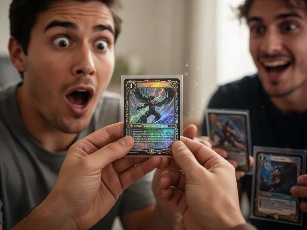[Close-up of collector's hands holding rare card with expression of joy and amazement]