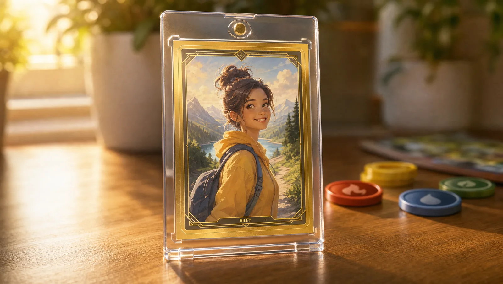 Custom pokemon trainer card builder shown in a clear magnetic display case