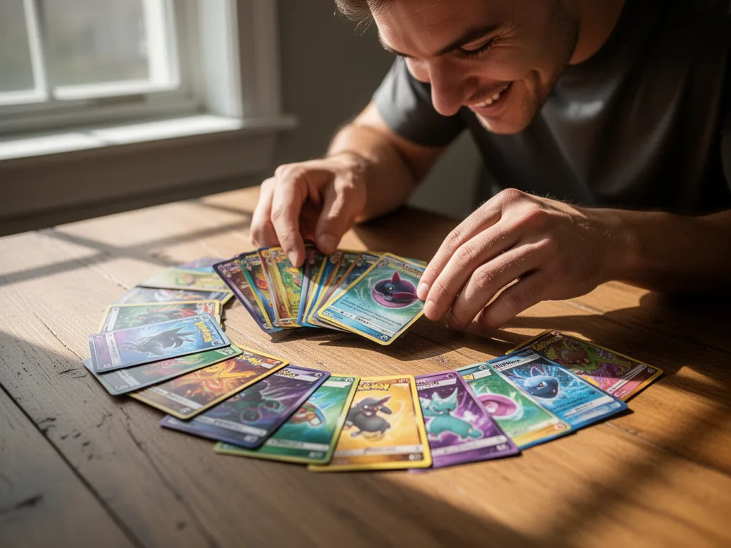 Trainer's hands carefully organizing Pokemon cards with focused concentration and natural window lighting