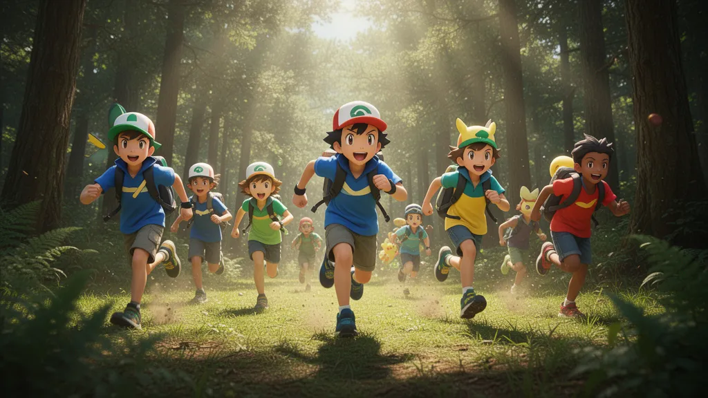 Young trainers running excitedly through a sunlit forest during outdoor pokemon training activity