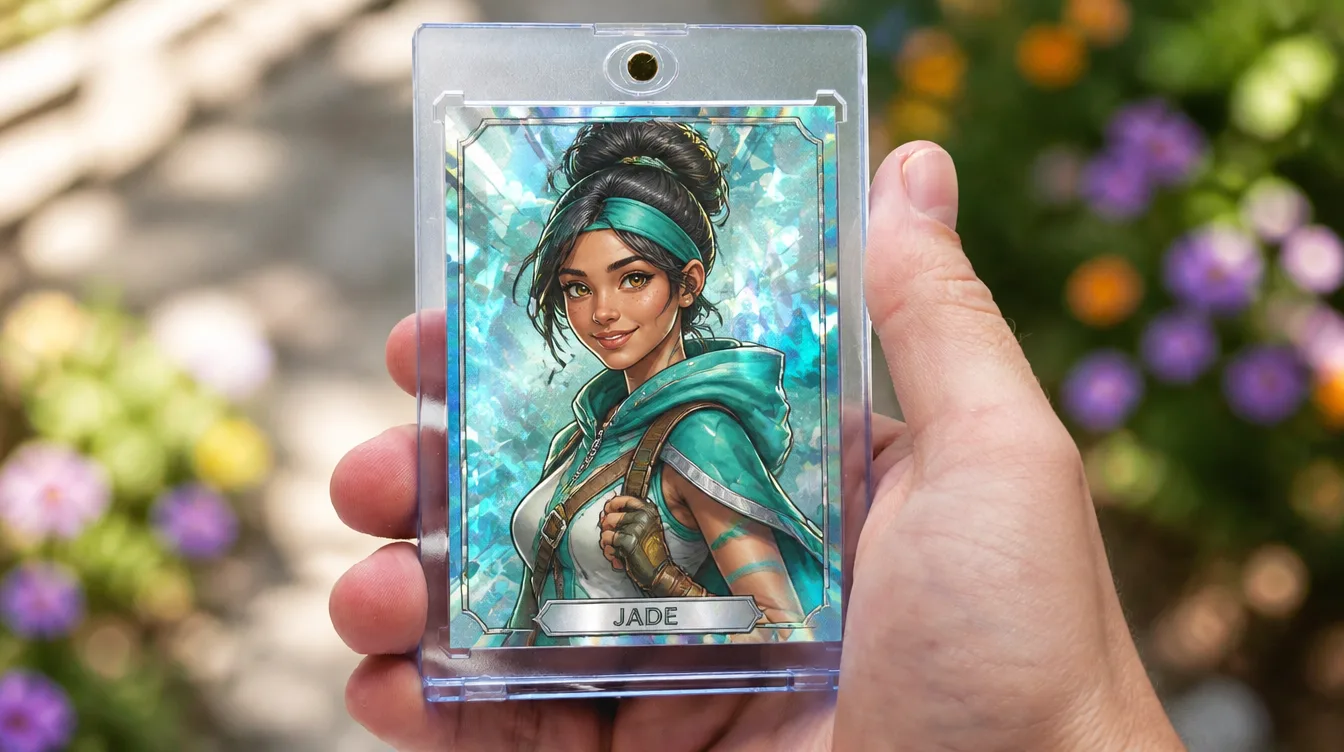 Custom character trainer card in a magnetic case from a Pokemon trainer card creator