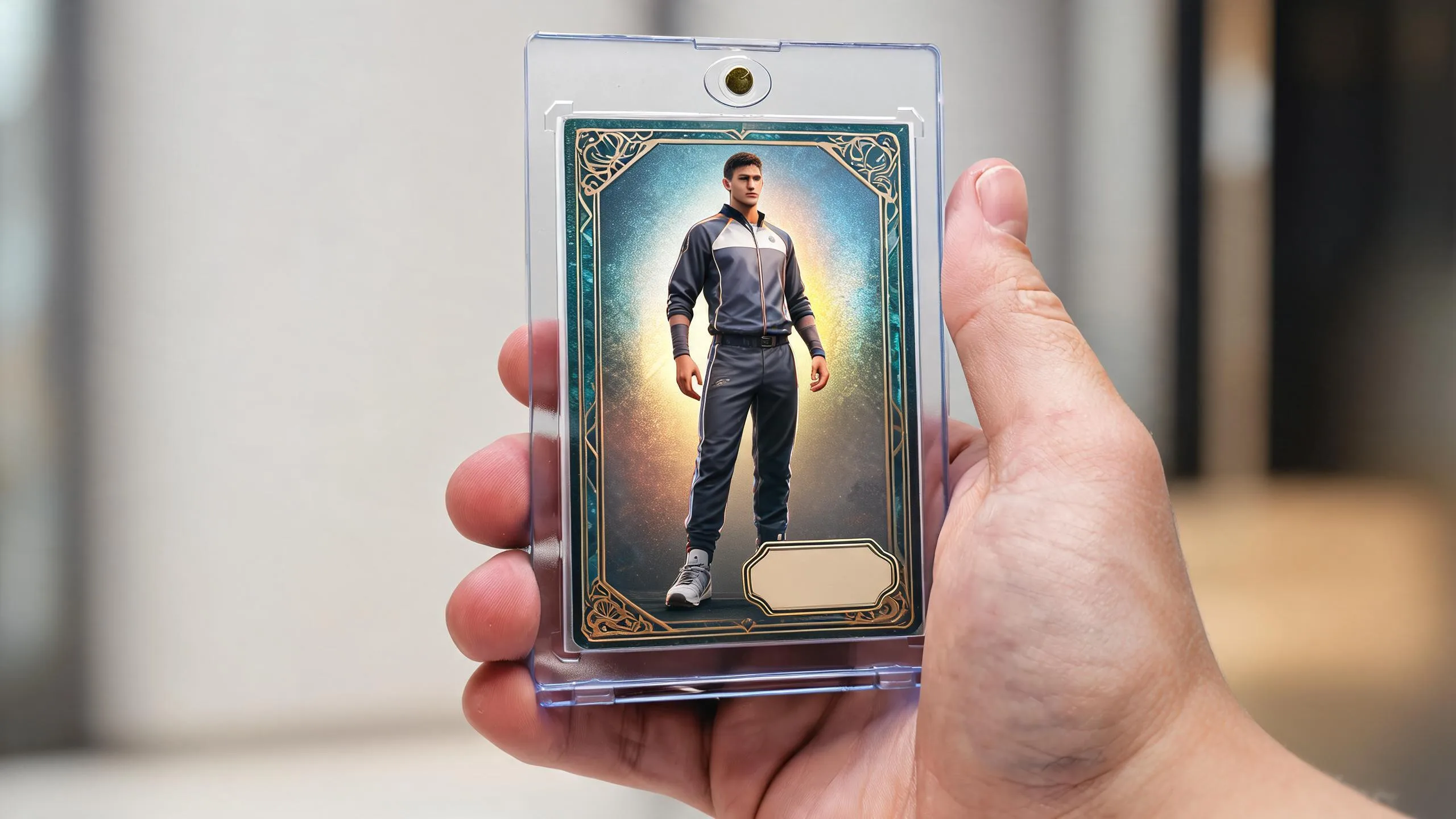 Hand holding magnetic case with holographic trainer card, pokemon trainer card creator keepsake design.