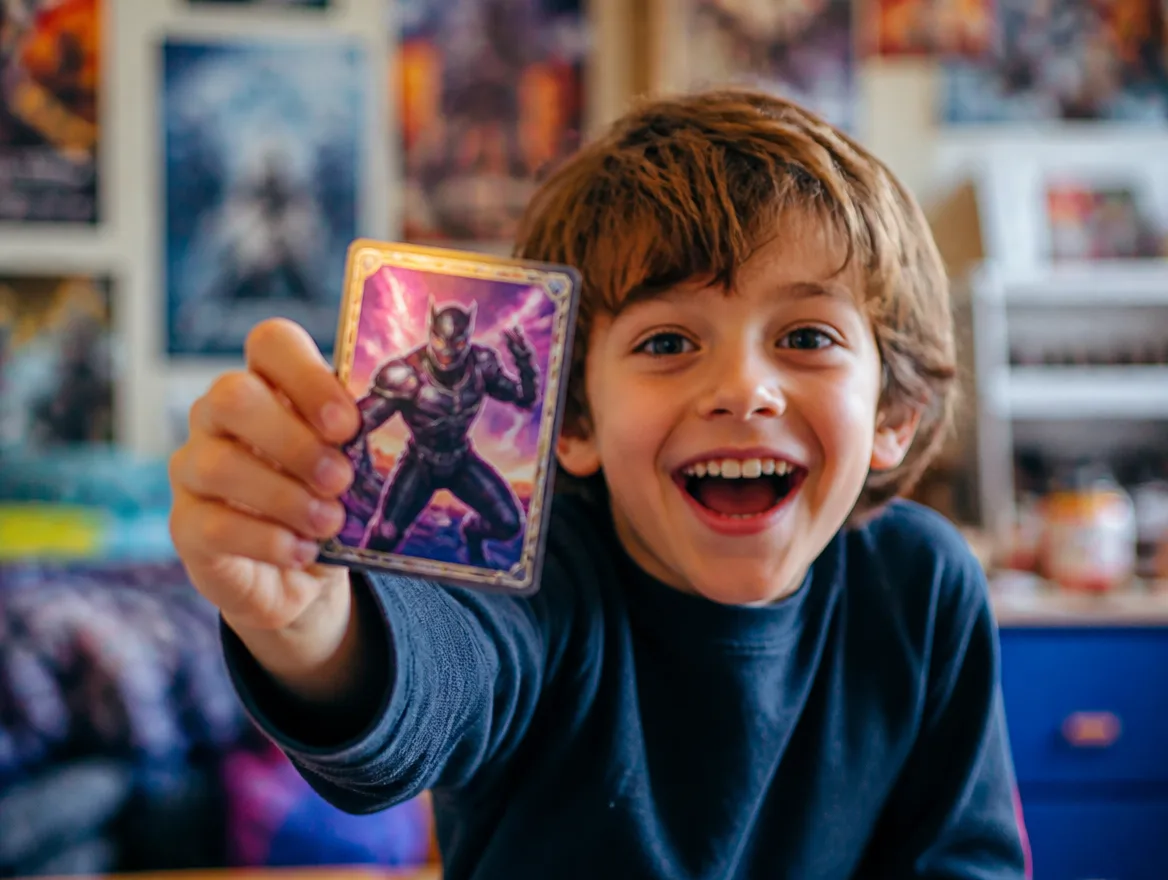 Excited kid holding up a custom character trading card