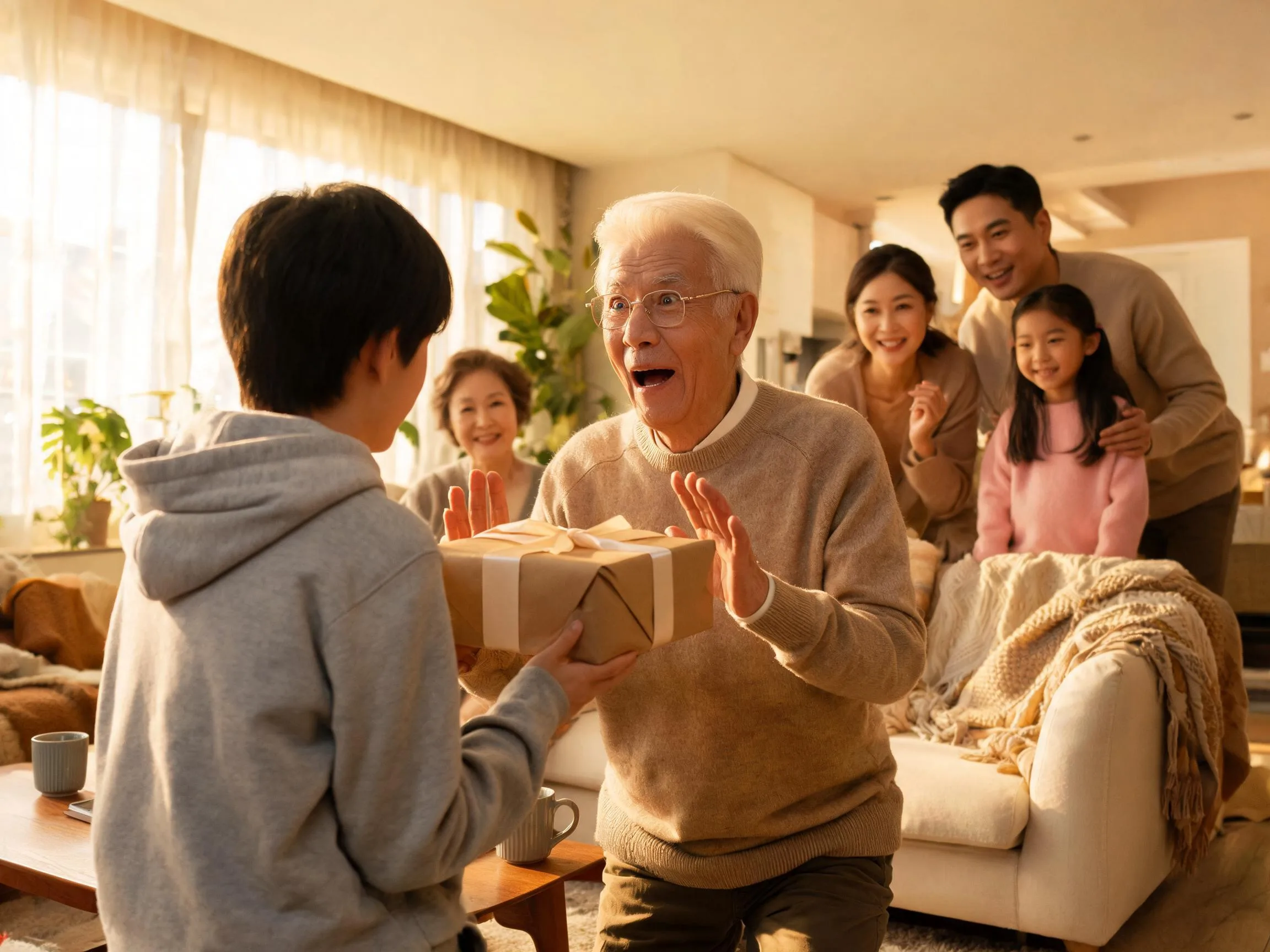 Grandfather reacting with joyful surprise to an unexpected gift from family.