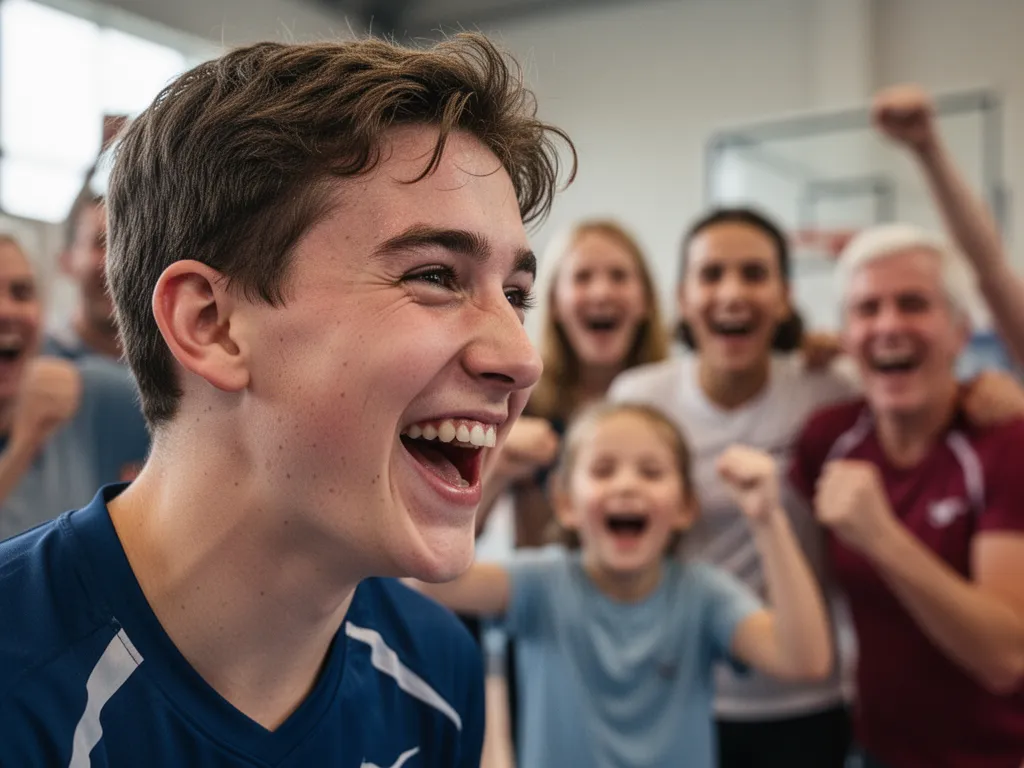 Young trainer's delighted expression during competitive match with family members celebrating in background