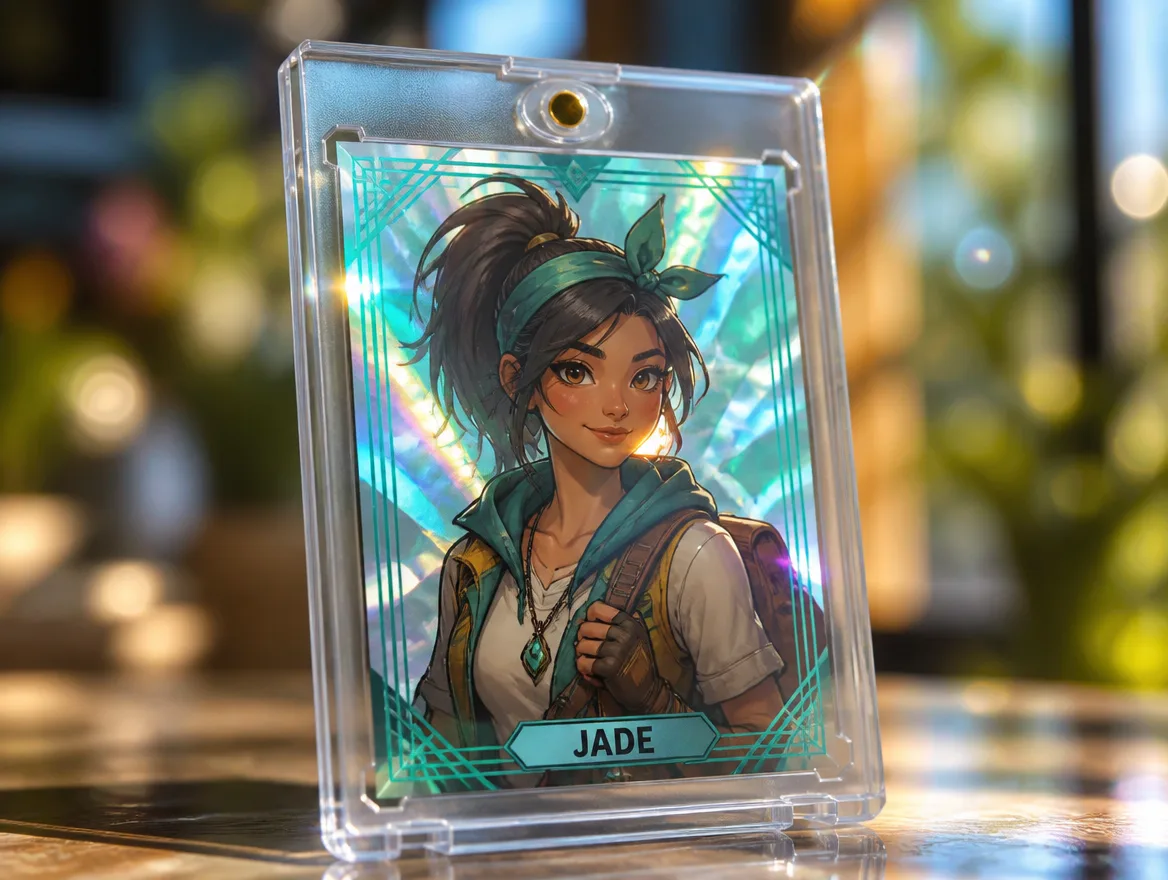 Custom character trainer card standing in a premium magnetic display case