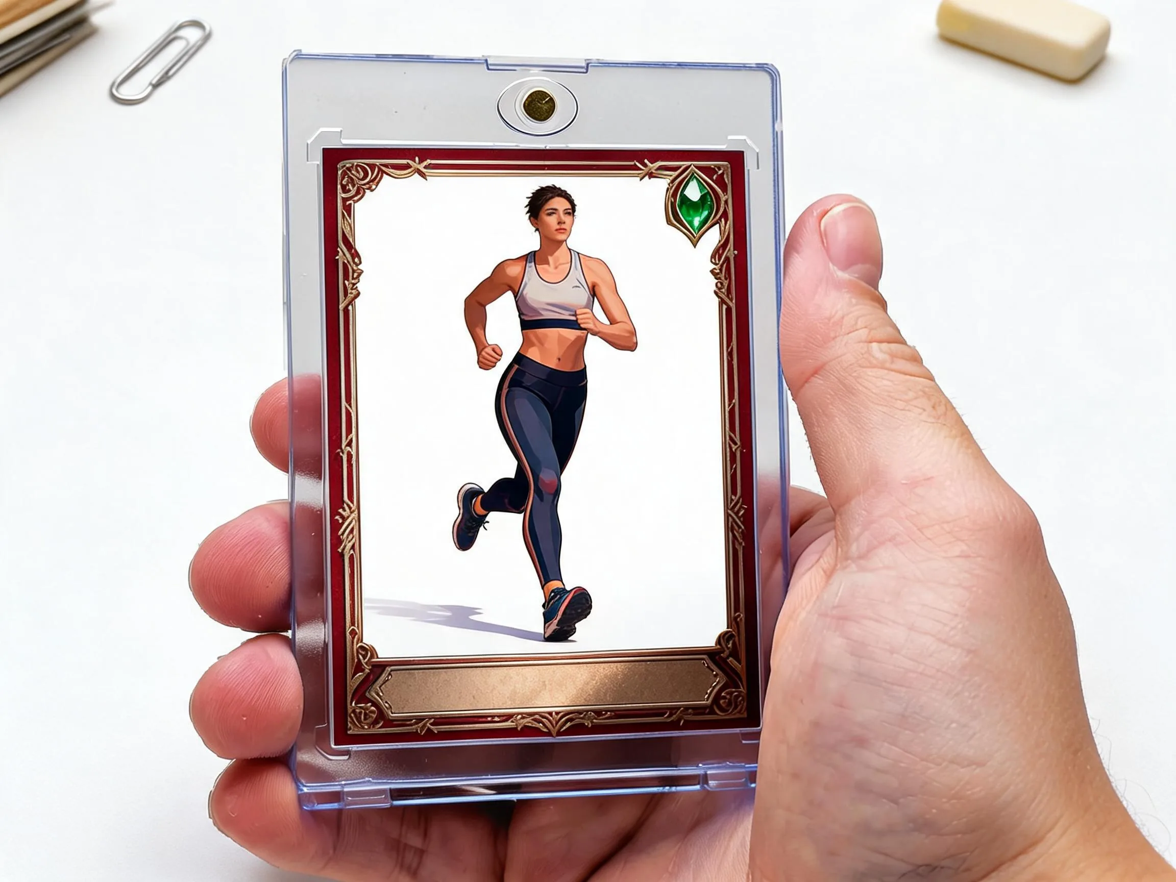 Custom keepsake trading card in magnetic case displayed on white tabletop.