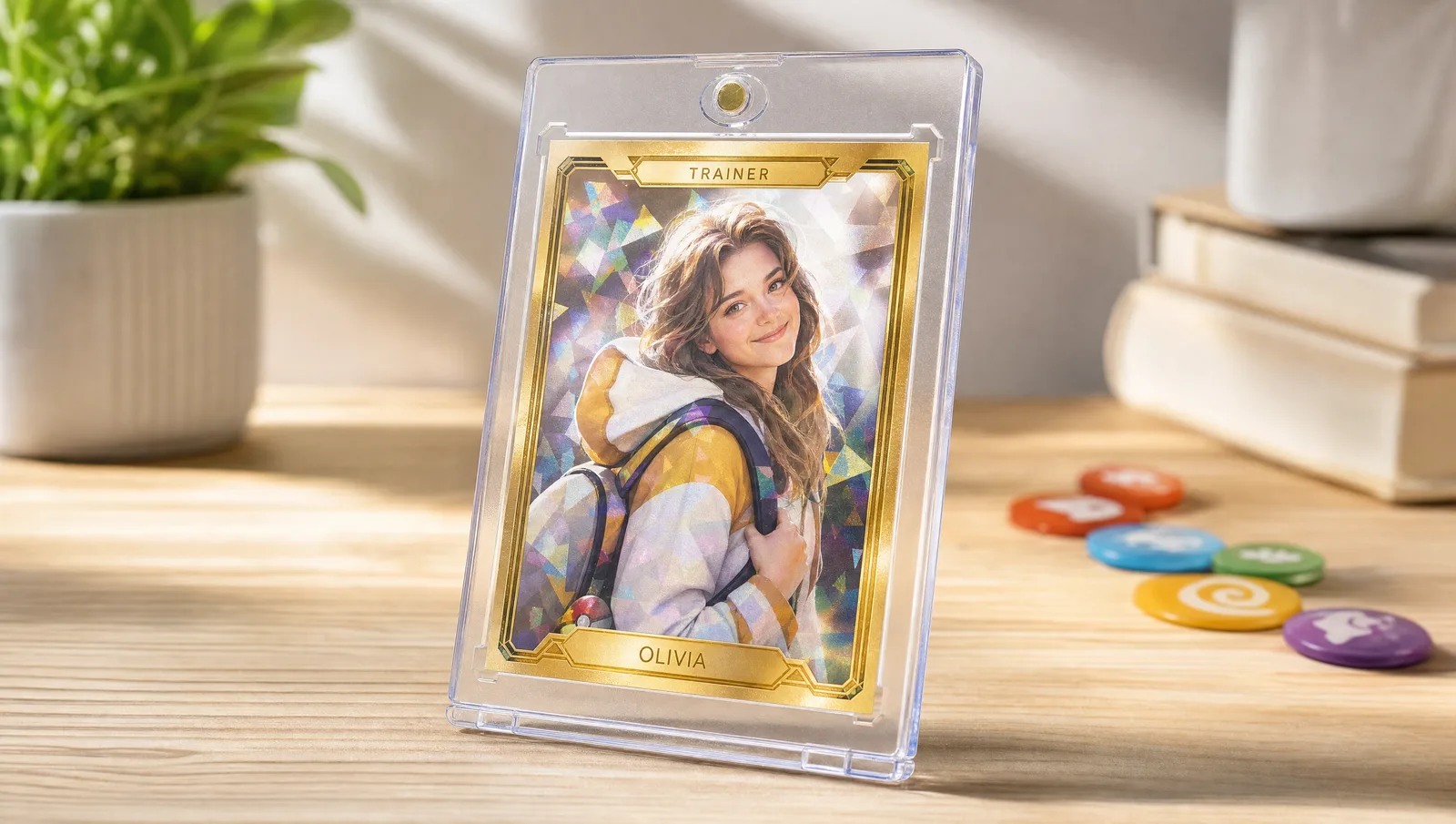 Custom pokemon trainer card generator shown in a clear magnetic display case