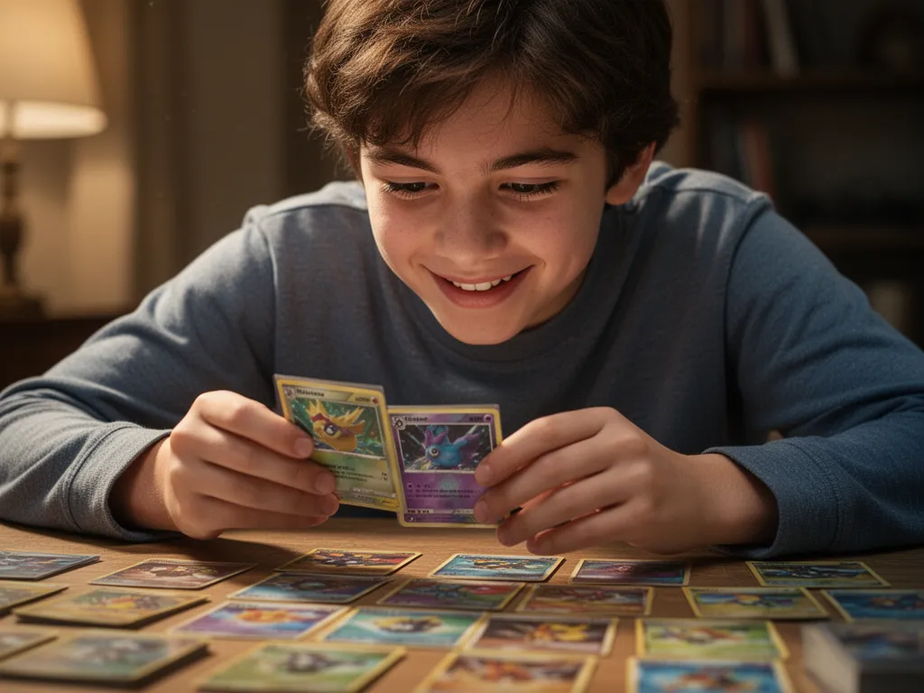 Young trainer carefully examining pokemon cards with concentrated focus and expression of joy