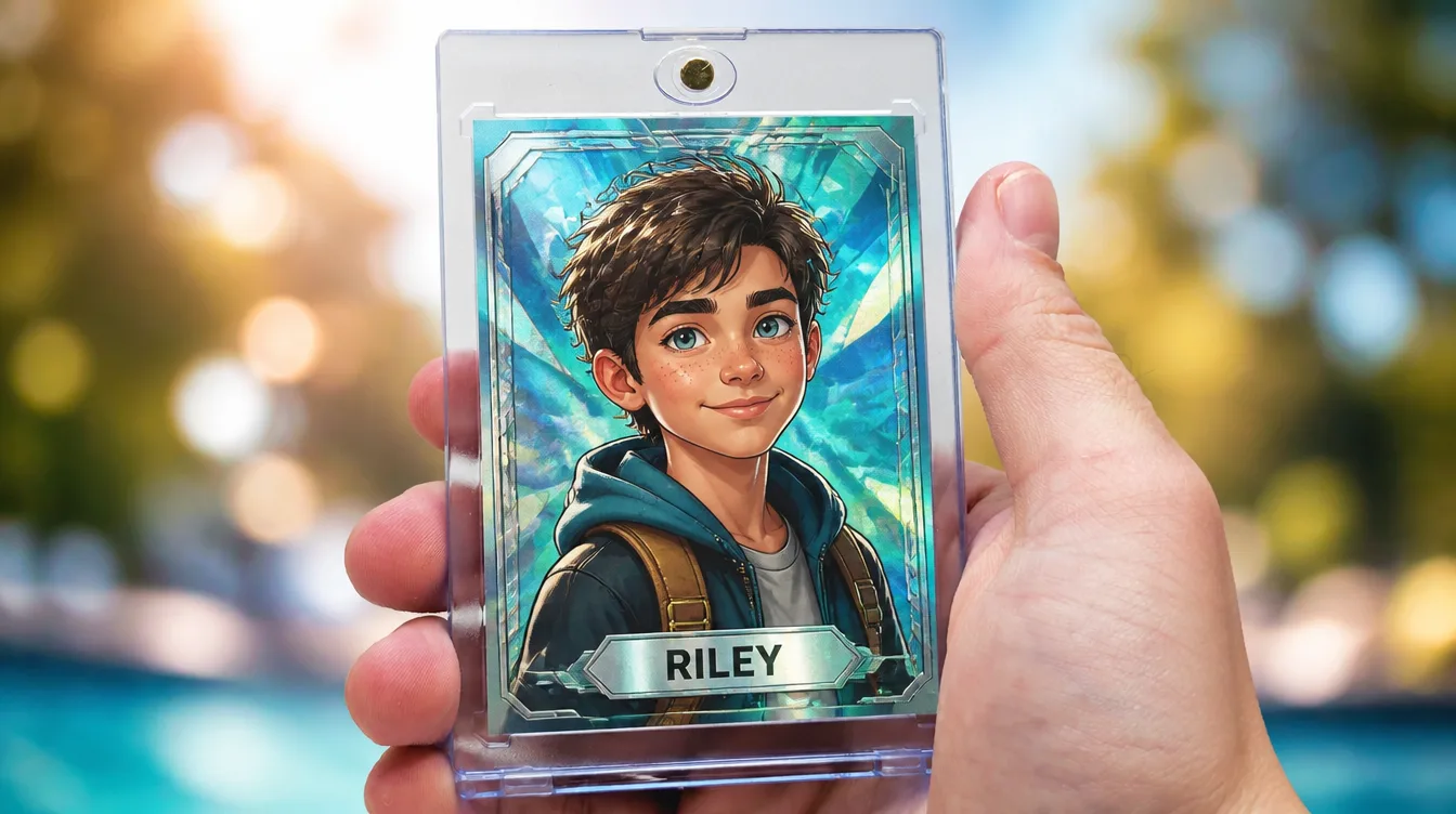 Custom character trainer card in a magnetic case from a Pokemon trainer card maker