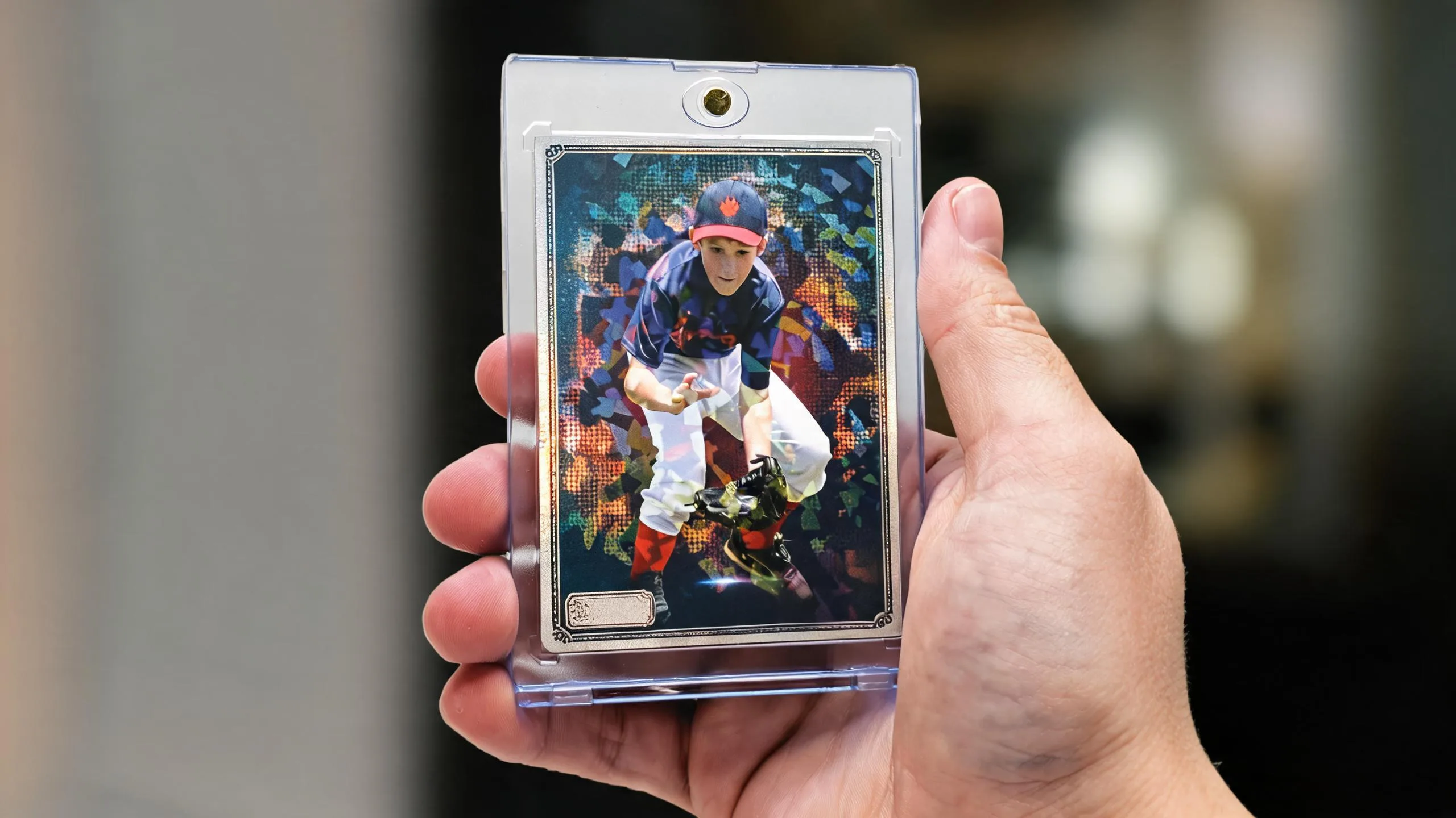Hand holding a magnetic case from a pokemon trainer card maker with a holographic full-art card.