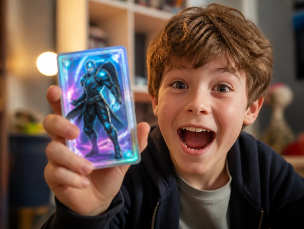 Excited kid holding a glowing custom character trading card
