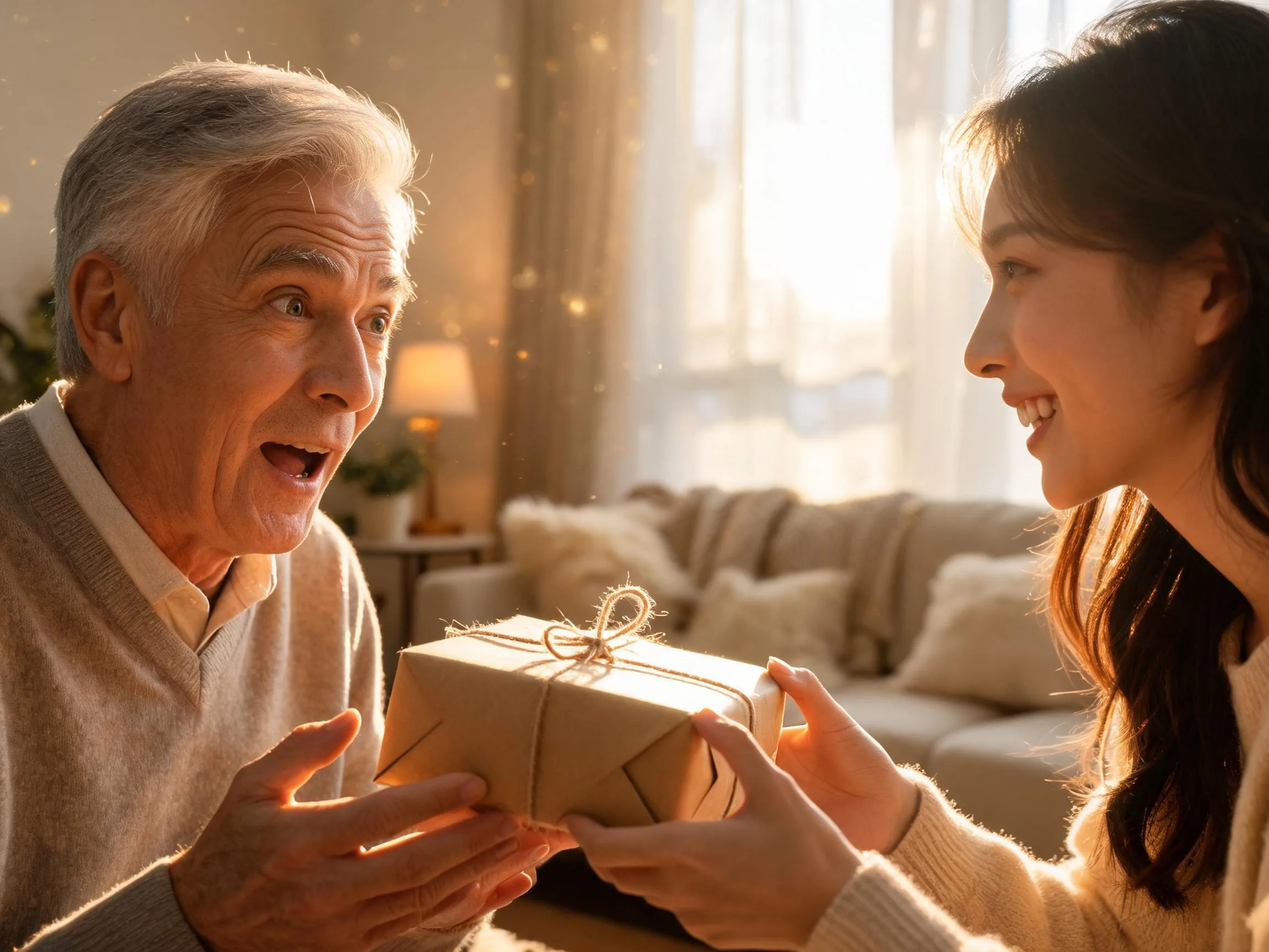 Older man reacts with genuine surprise receiving an unexpected gift in warm natural light.