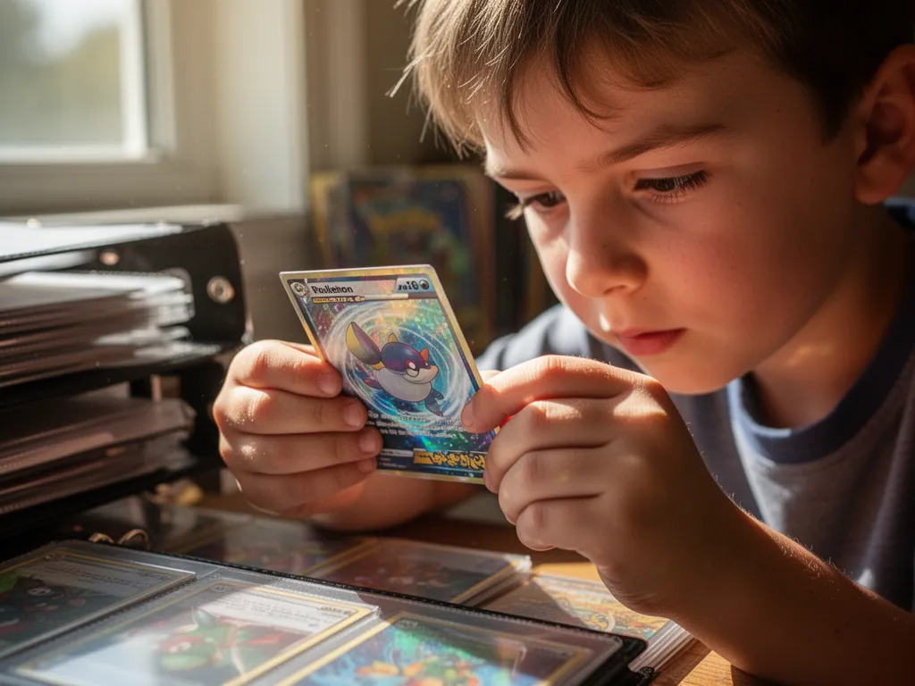 Child's concentrated face examining a holographic Pokémon card with hands in close detail