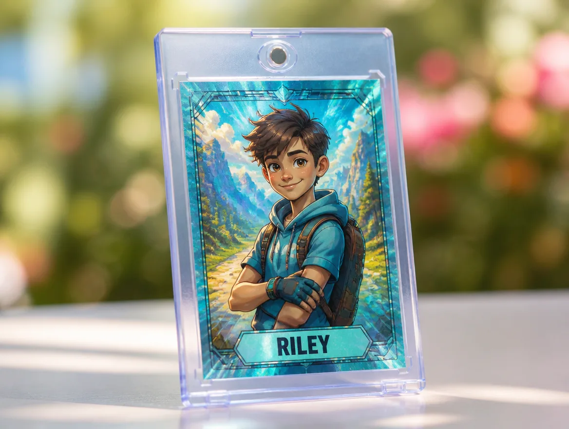 Custom trainer character card standing in a premium magnetic display case