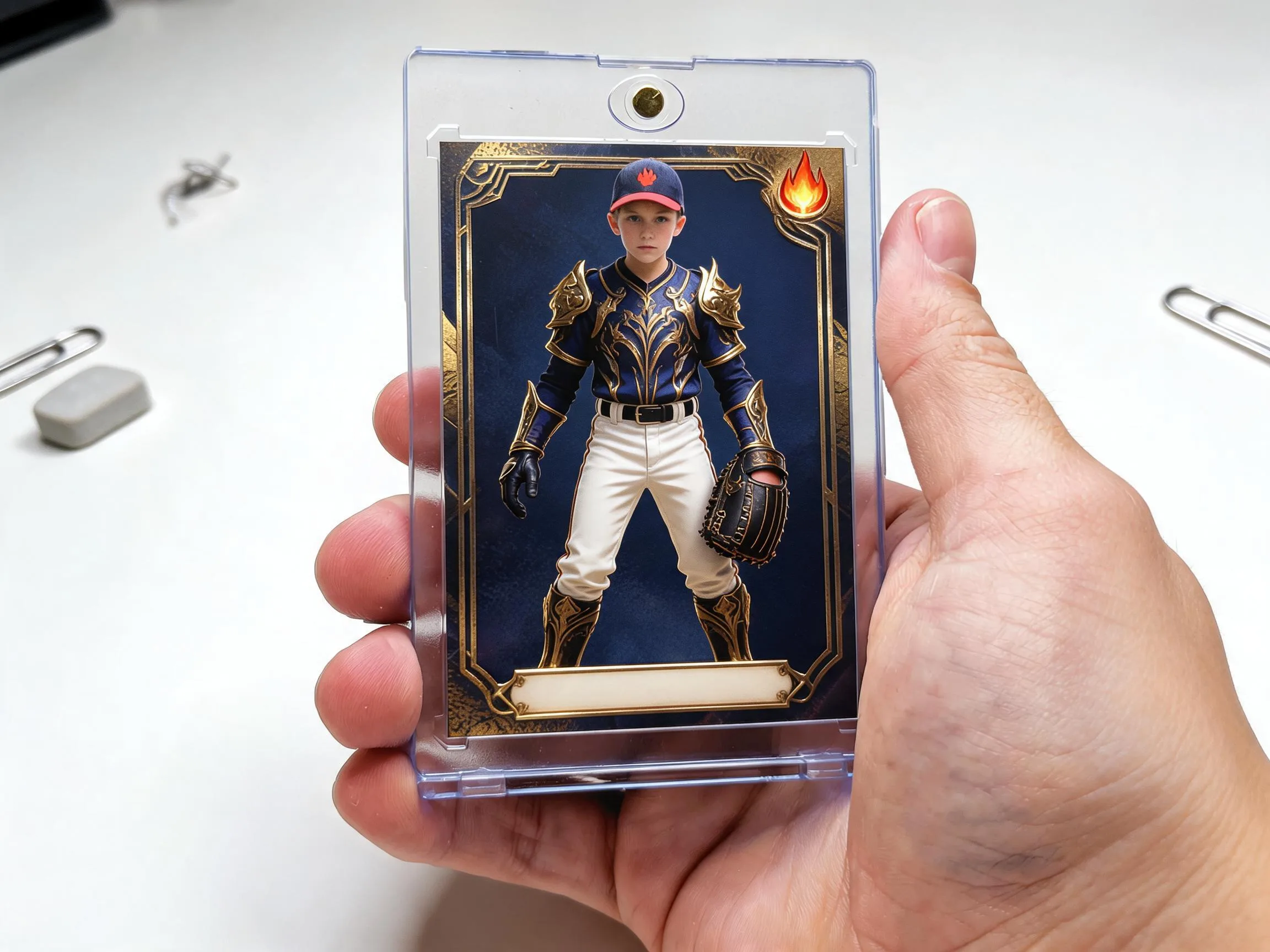 Custom keepsake trading card in a magnetic case, painted full-art illustration with metallic border.