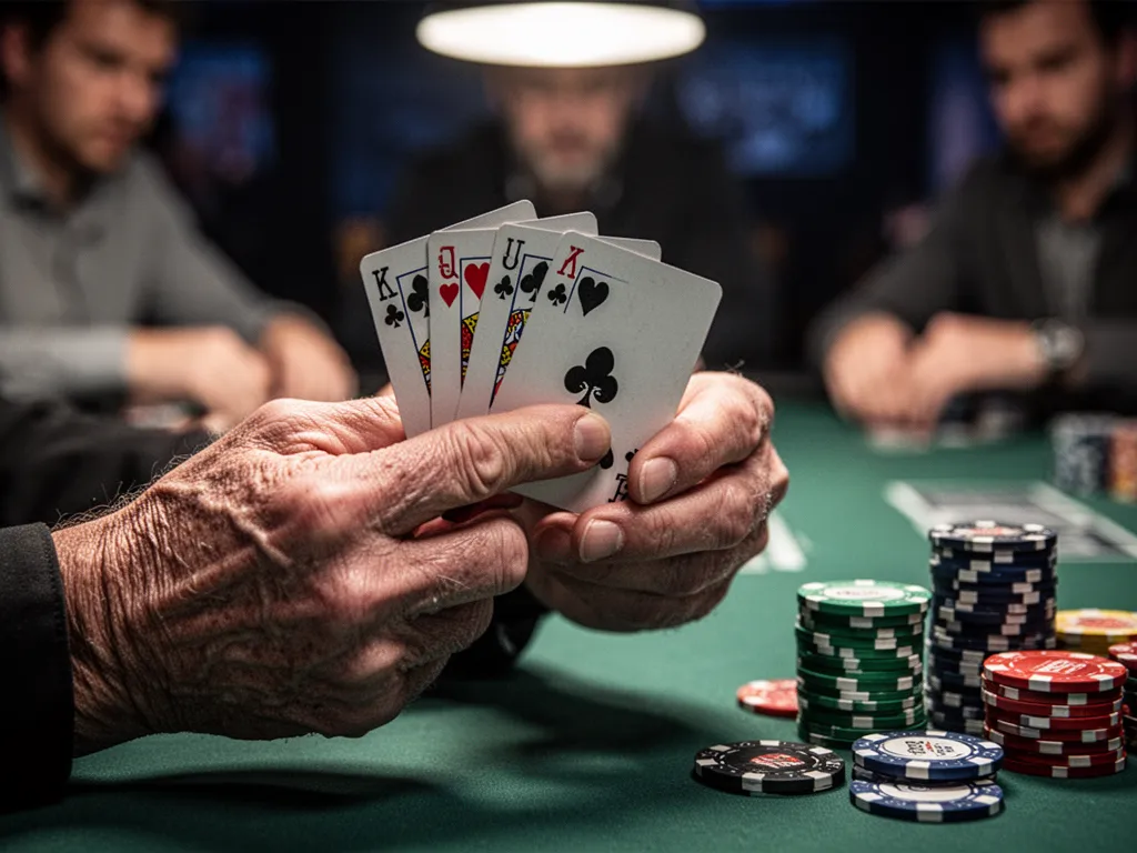Skilled player's hands holding cards showing intense concentration during decisive poker game moment