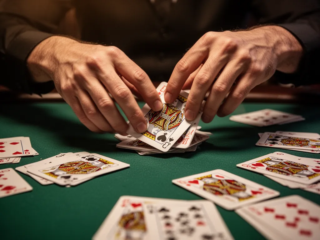 Dealer's hands expertly shuffling and dealing cards across green felt poker table surface.