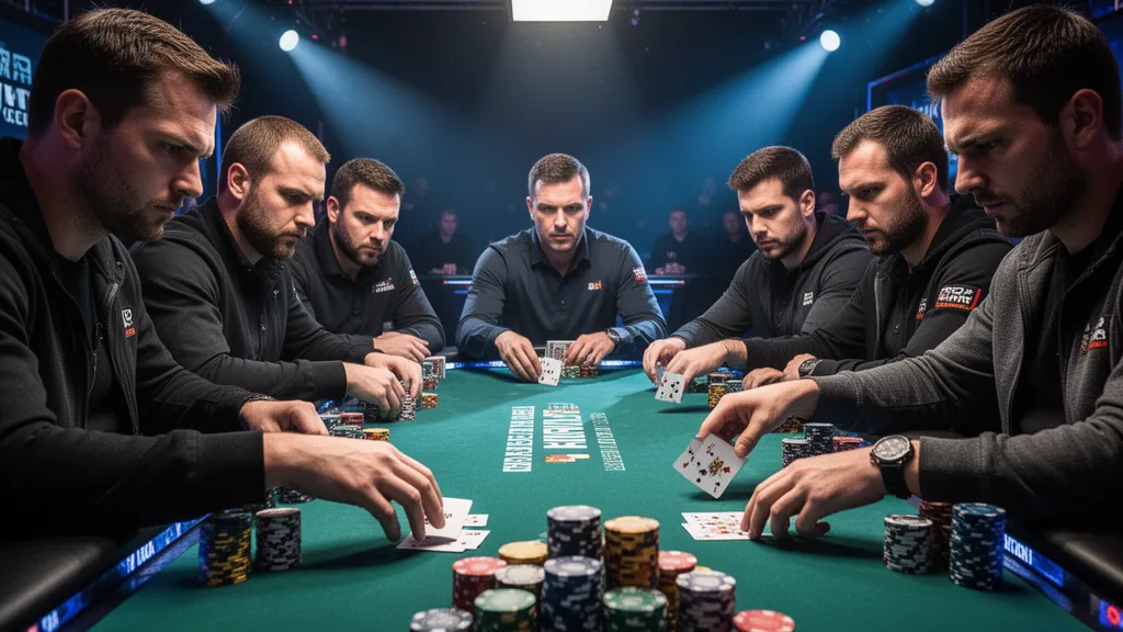 Professional poker players seated at table during intense card game with dramatic lighting and tension