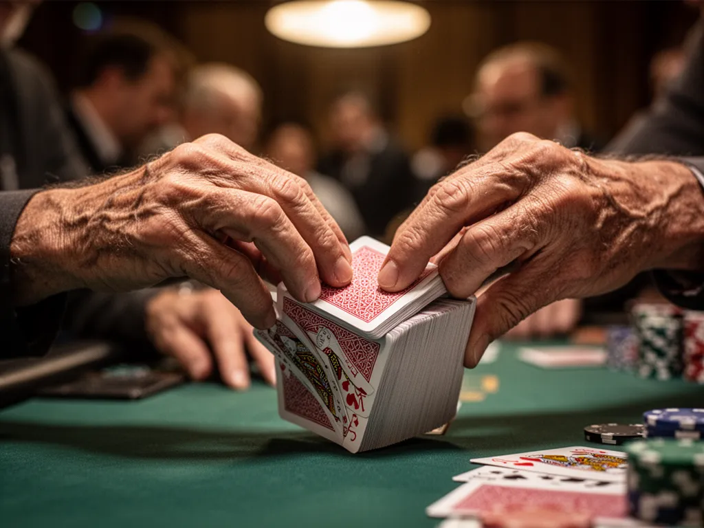 Skilled dealer hands shuffling poker cards with precision and expertise in close detail shot