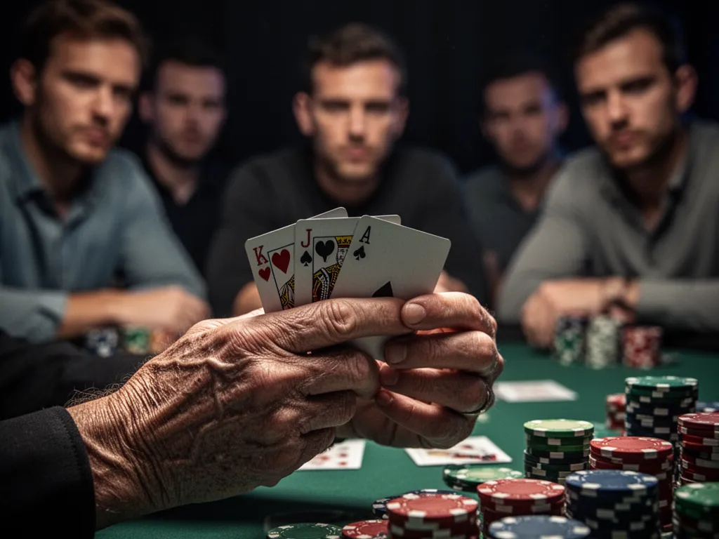 Close-up of skilled poker player's hands holding cards with focused expression during crucial strategic moment