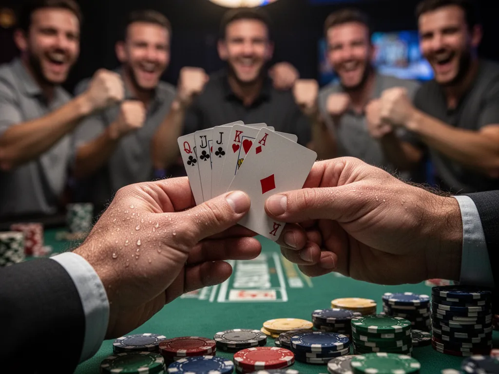 [Poker player's hands holding cards with celebration moment visible in background]