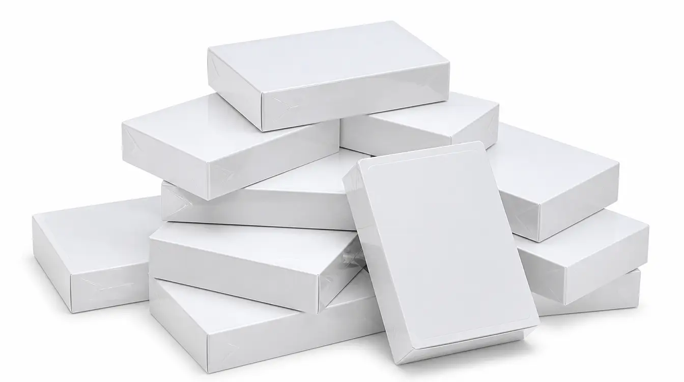 Several sealed decks of blank playing cards stacked in a pile