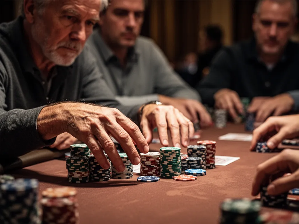 Poker player's hands and focused expression during critical tournament decision moment
