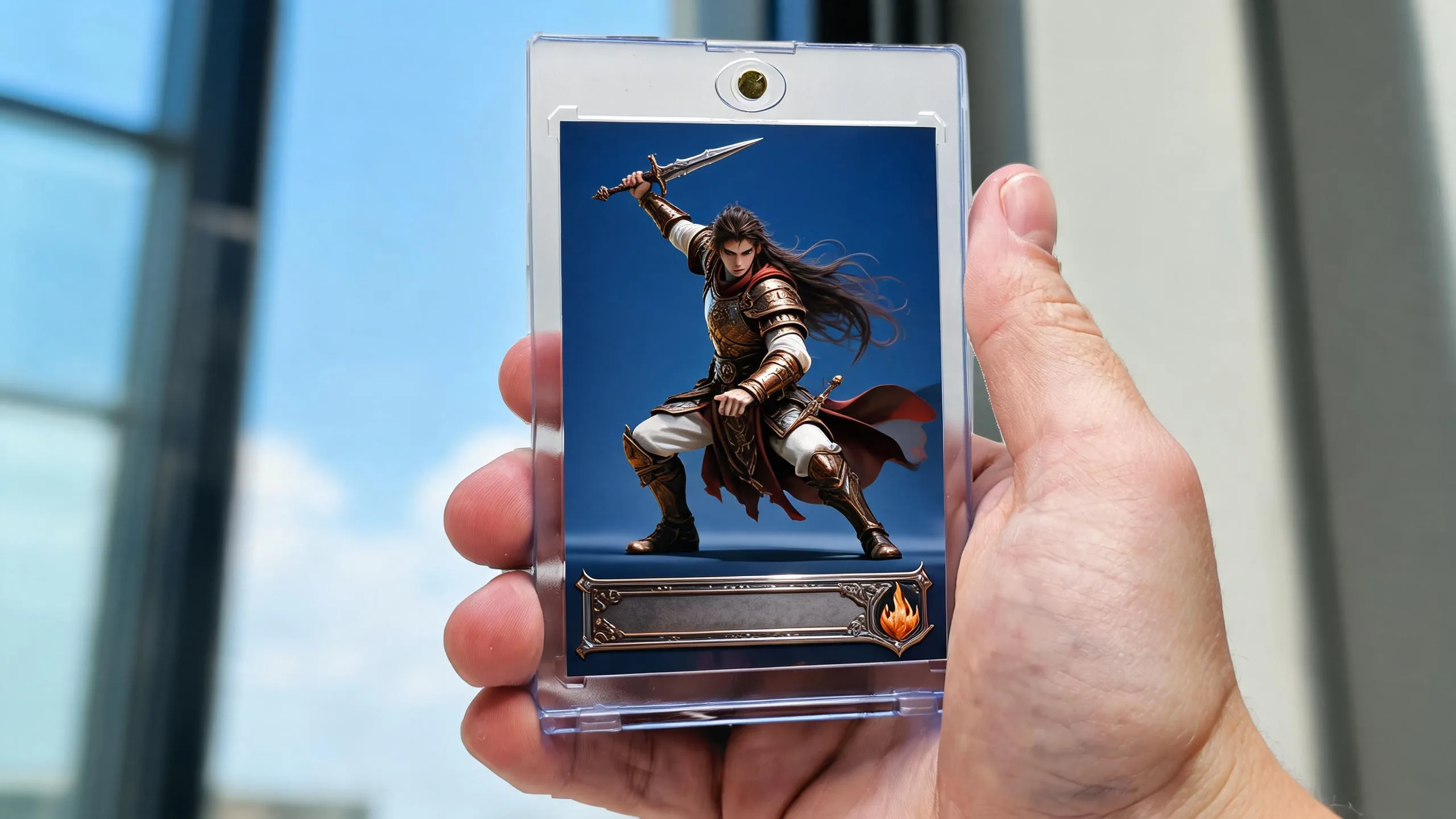 Hand holding a magnetic case with a fantasy warrior card, showcasing pokémon card maker designs.