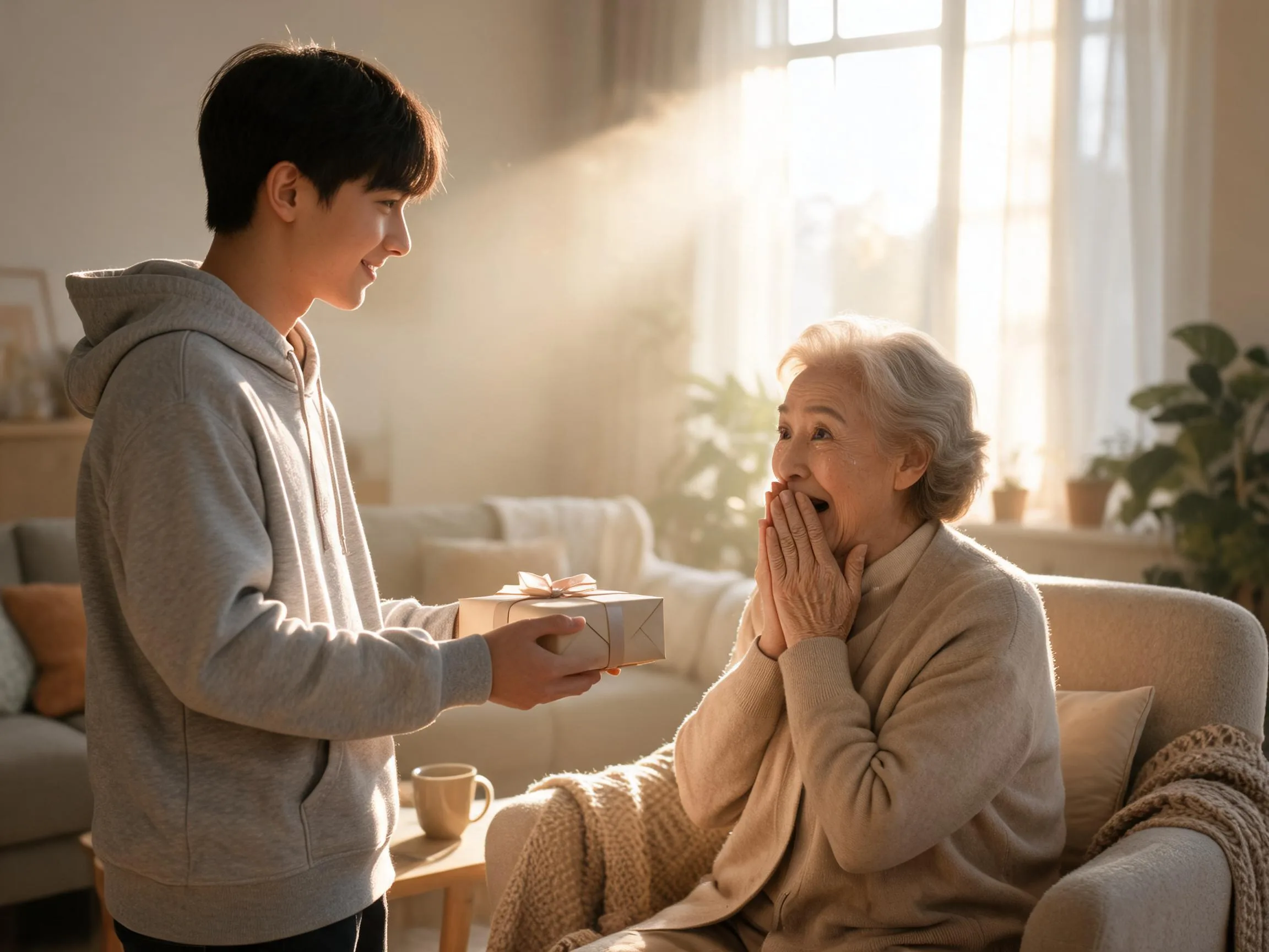 Grandmother reacting with joyful surprise to an unexpected gift from her grandson.