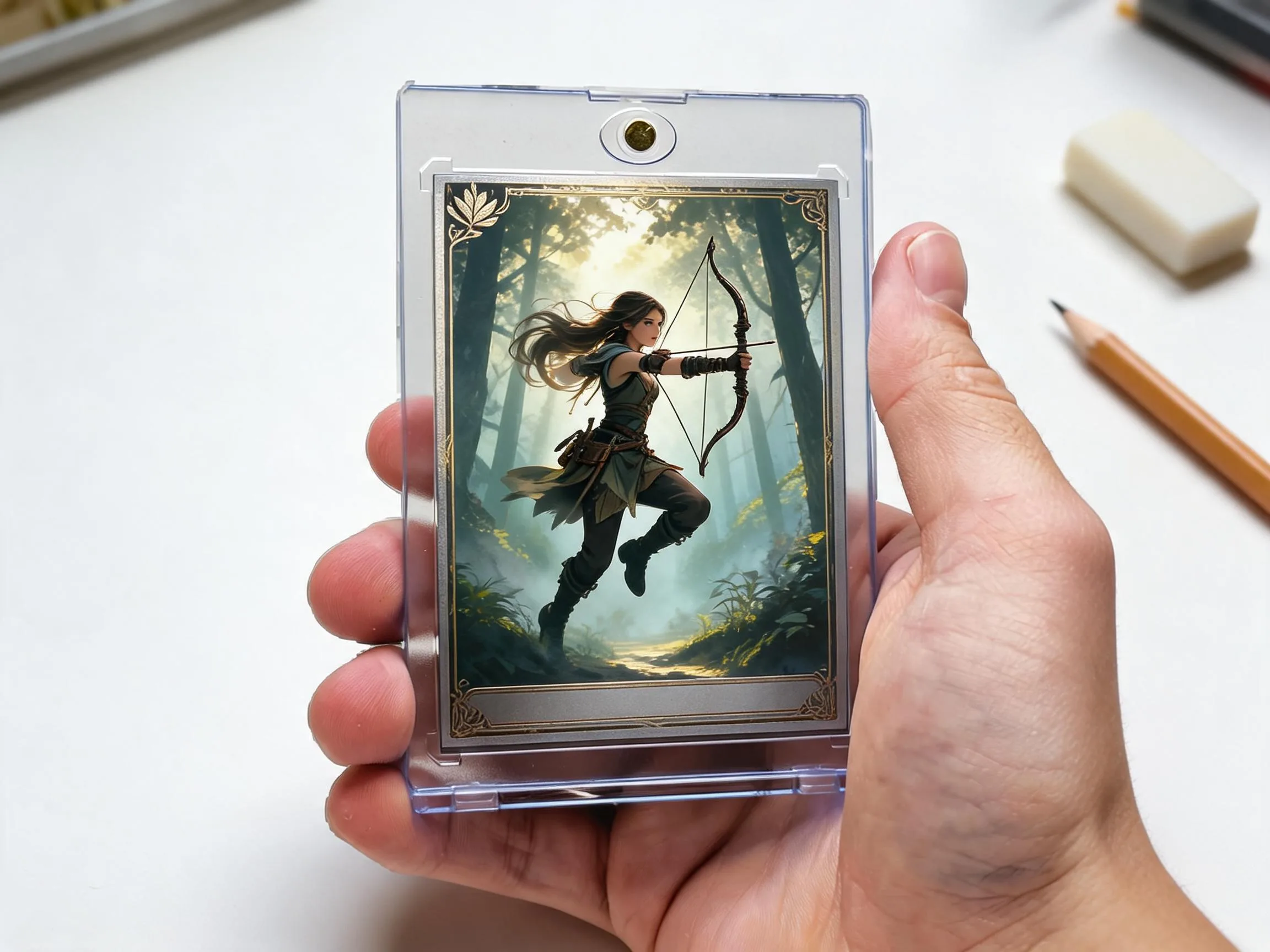 Custom keepsake trading card of an archer in a magnetic display case on white tabletop.
