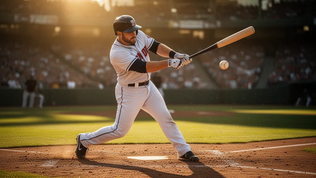 Baseball player mid-swing with bat connecting to pitch under bright stadium lighting