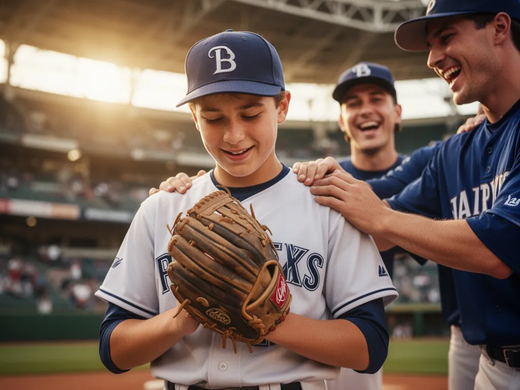 Young baseball player celebrates successful catch while teammate congratulates with supportive hand gesture