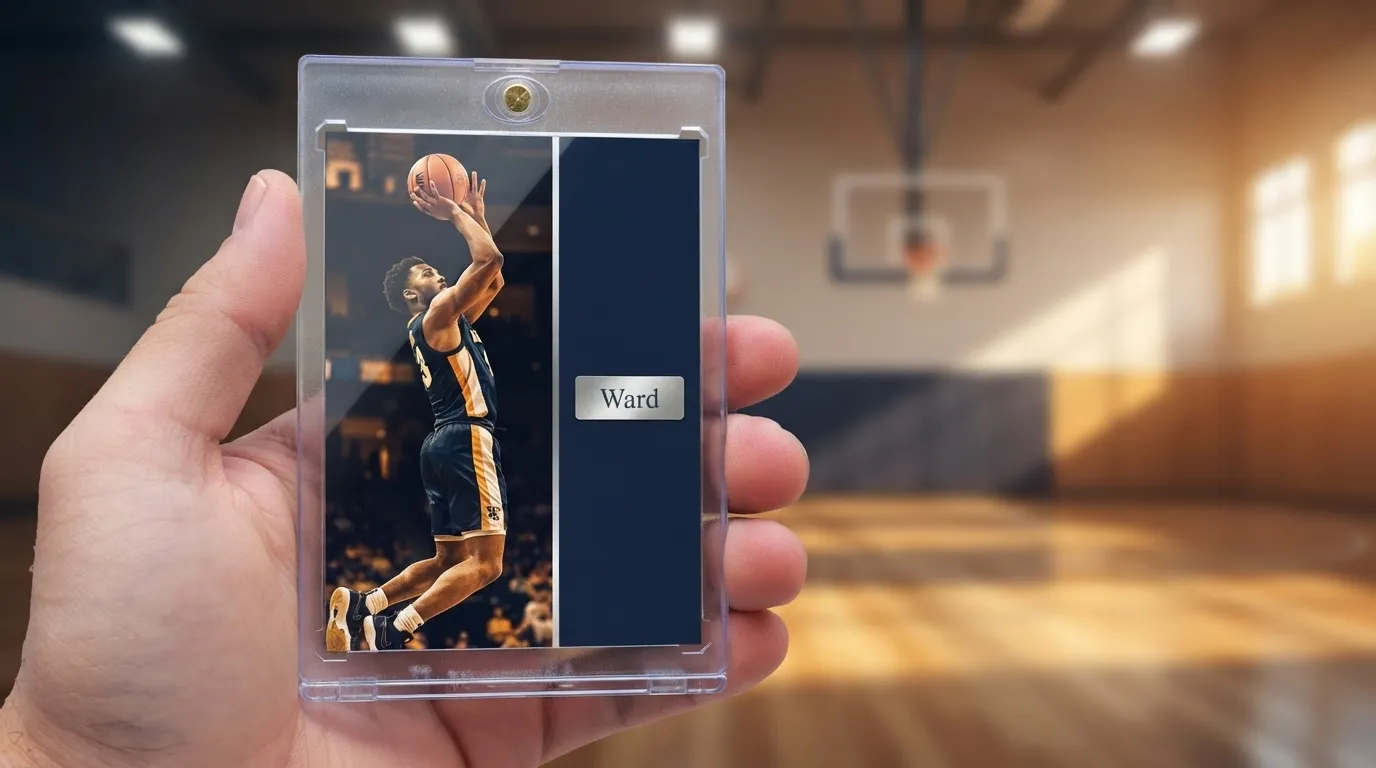 Hand holding magnetic case with posters for senior night basketball card, split-panel action design.